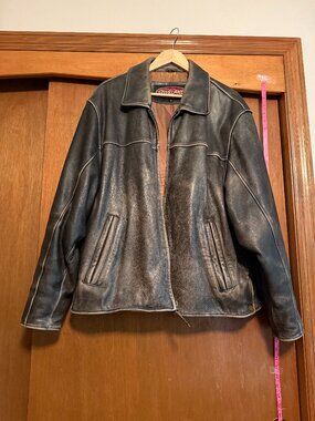 Overland Men’s XL Heavy Leather Motorcycle Riding Jacket Black Distressed